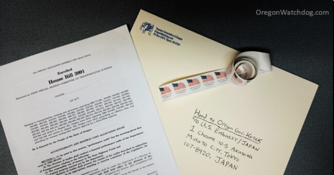 We sent gas tax bill to Kotek in Japan (to veto/sign) on her vanity tour